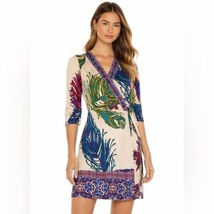 hale bob silk Floral Wrap Dress Blue Green Accents beaded